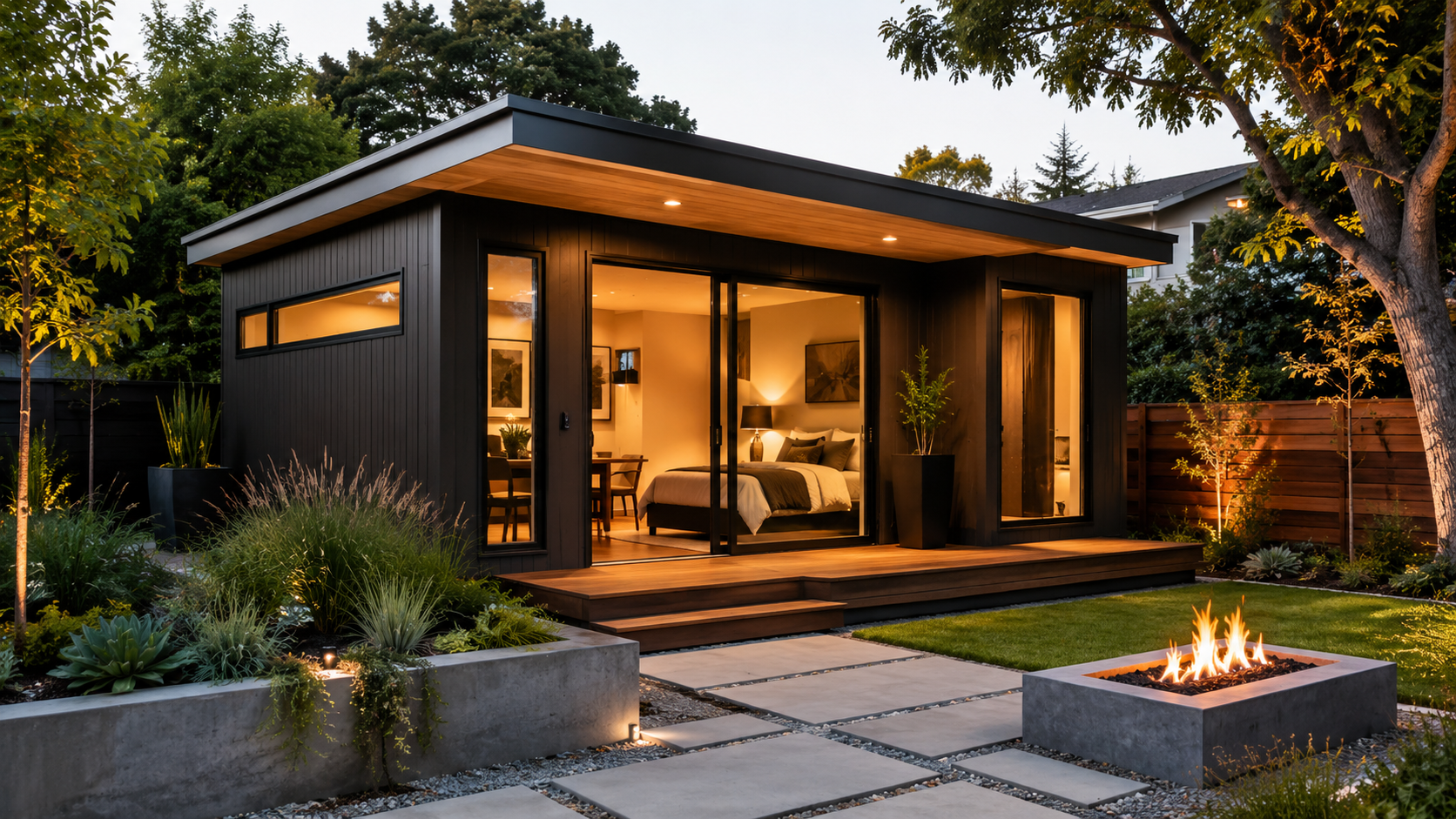 Modern prefab guest house or ADU in a landscaped backyard