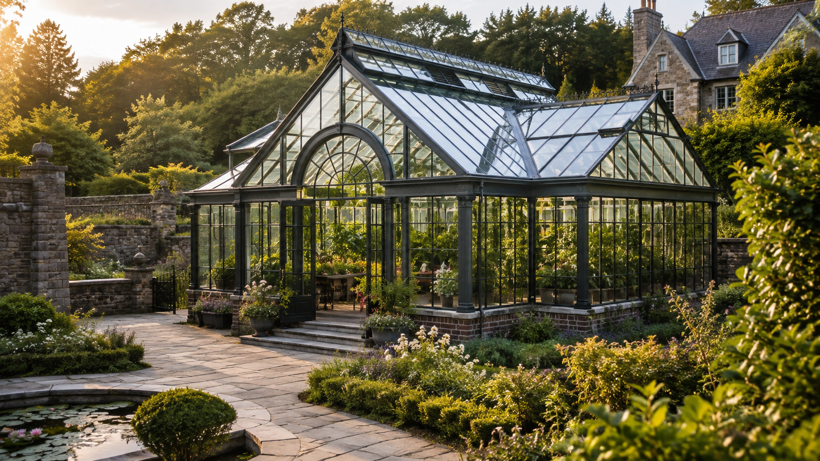 Luxury greenhouse in a landscaped garden
